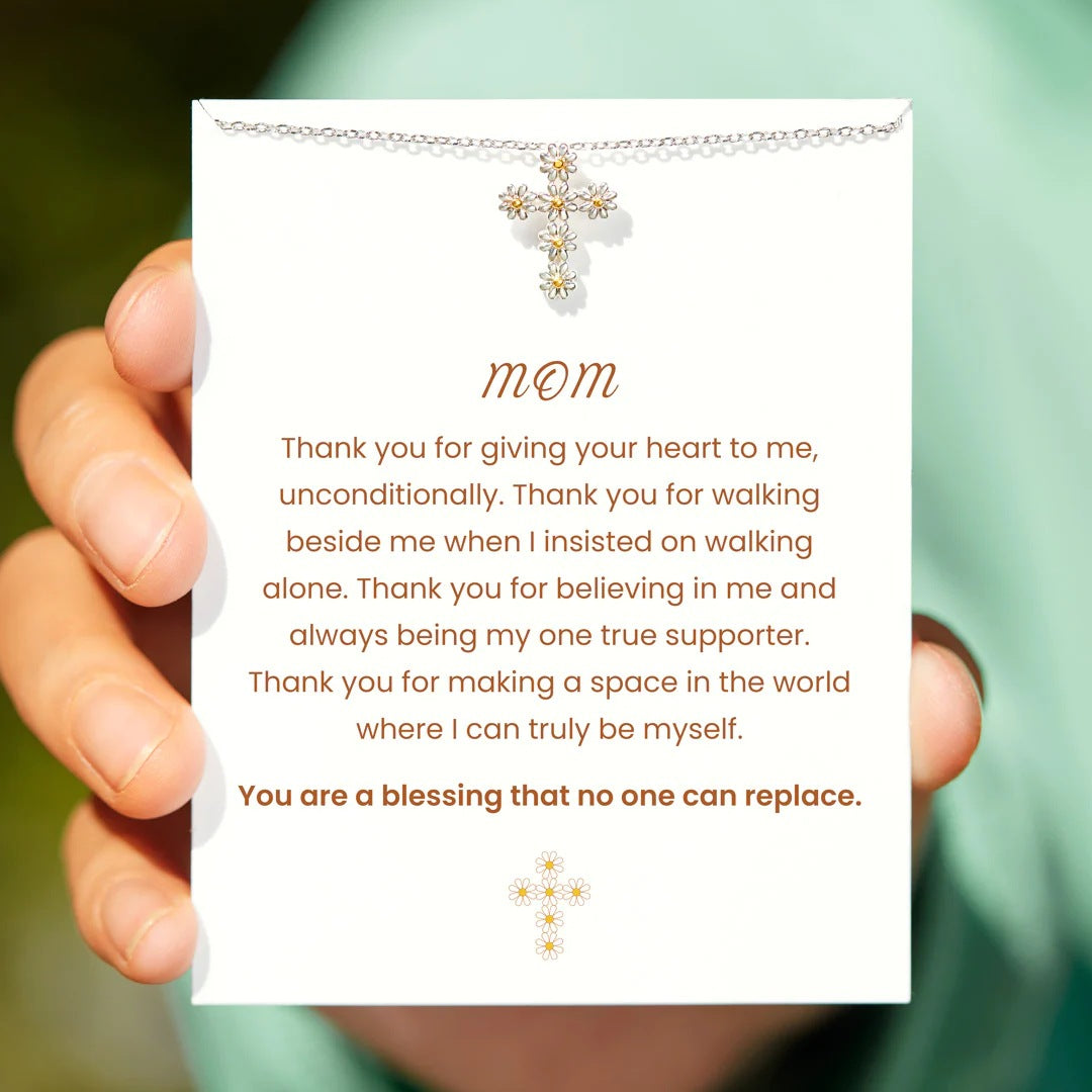 MOM - NO ONE CAN REPLACE - DELICATE FLORAL CROSS NECKLACE