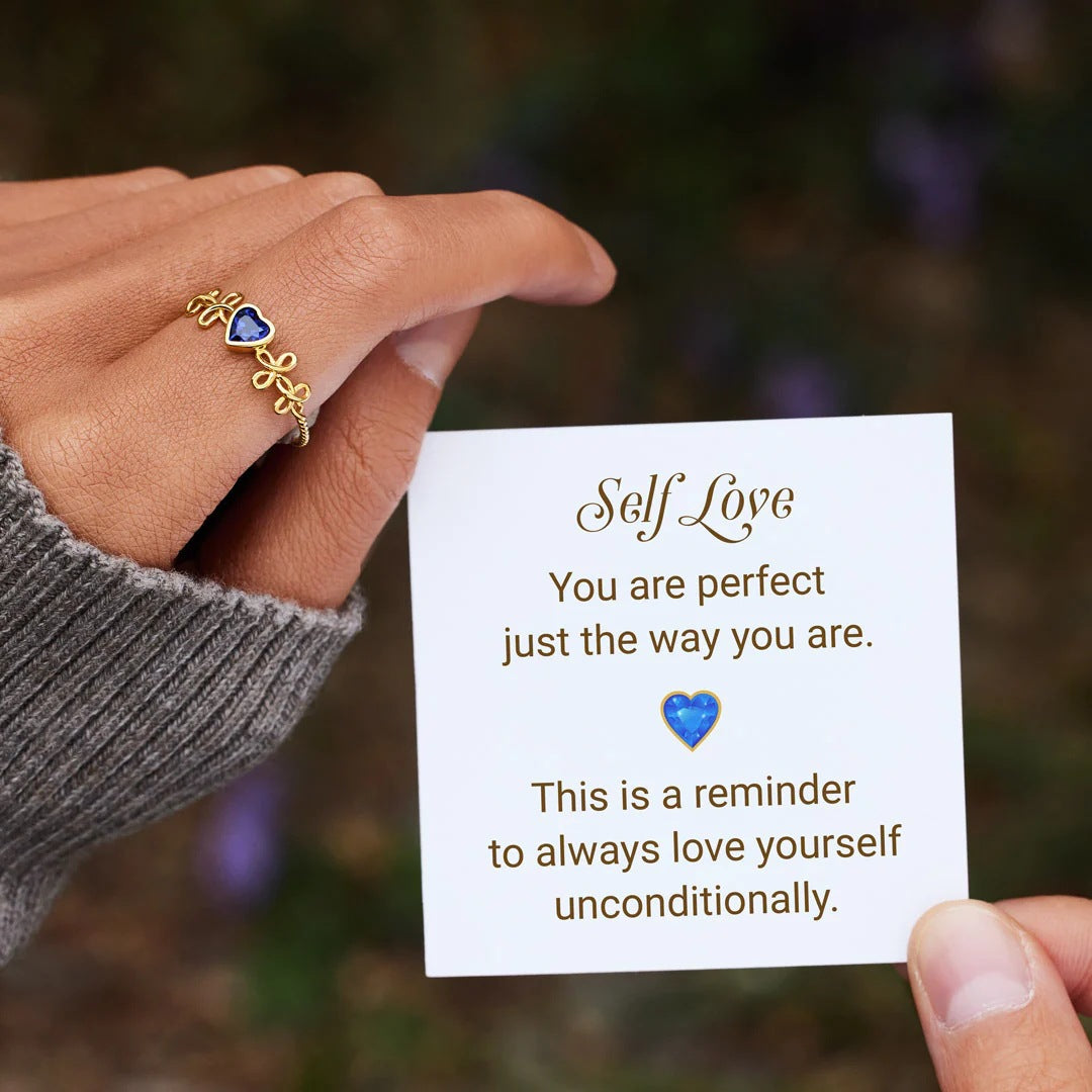 SELF LOVE - YOU ARE PERFECT JUST THE WAY YOU ARE - SAPPHIRE HEART AND FLORAL GOLD RING